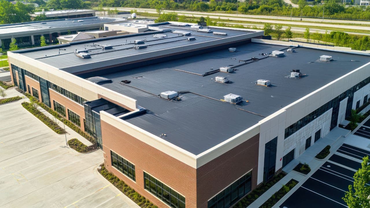 Aerial view of a flat roof on a commercial building