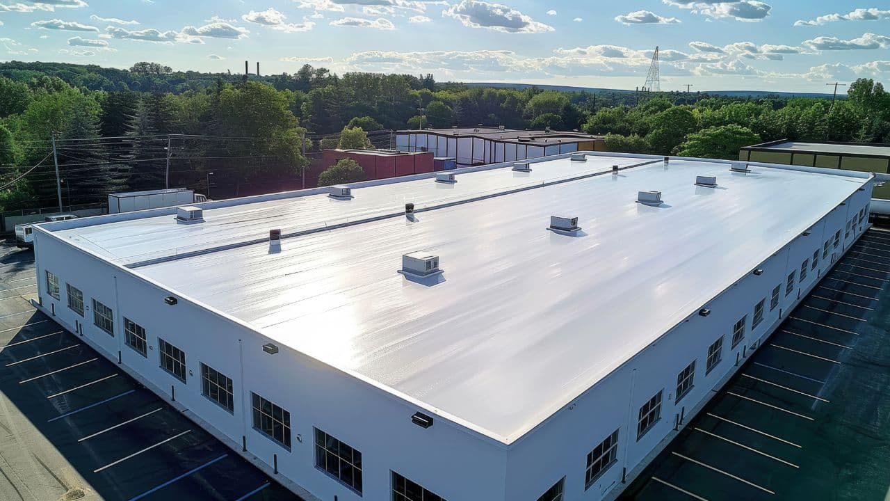 A white membrane roof on a large commercial building