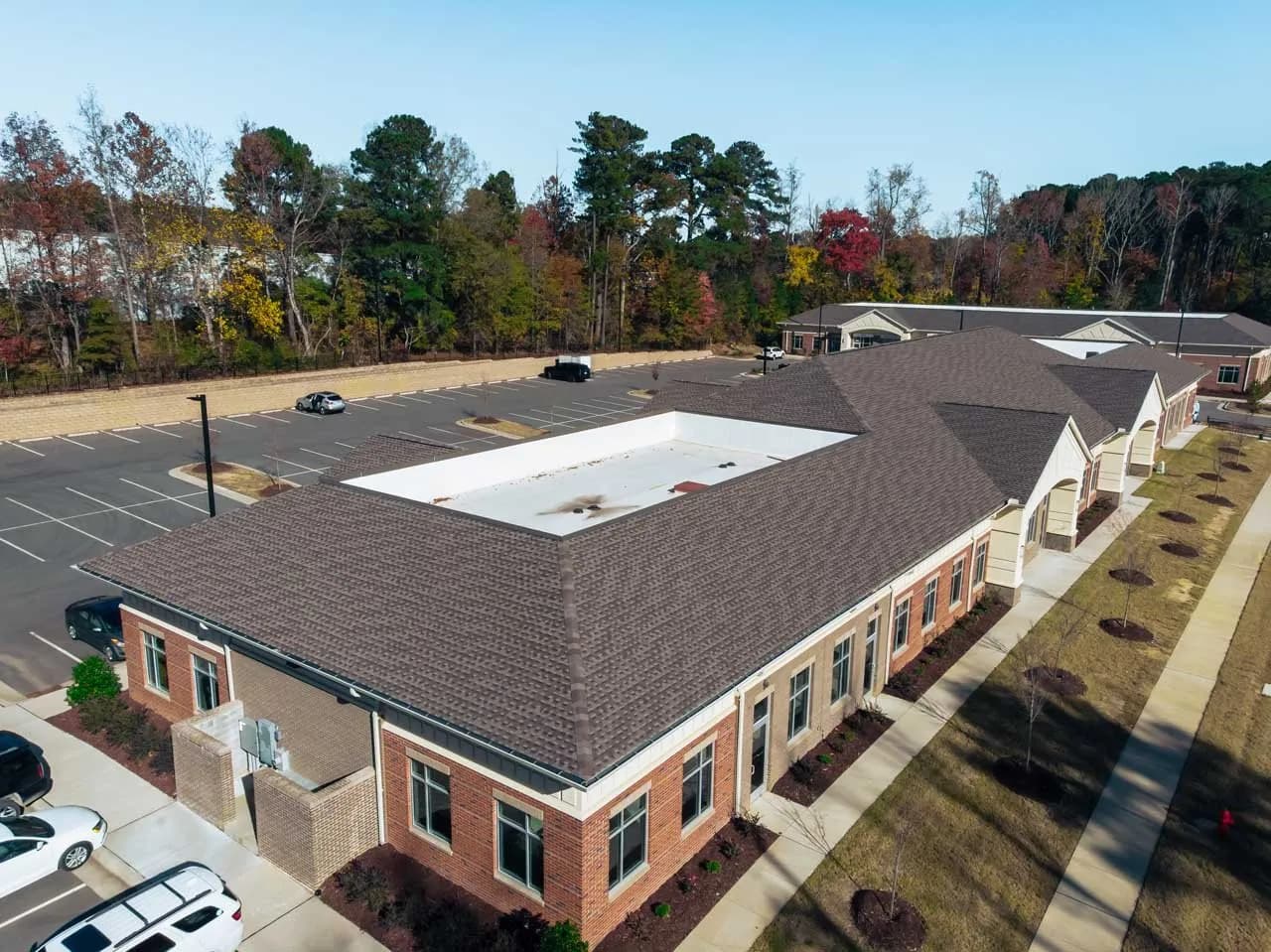 Aerial view of an office park roof